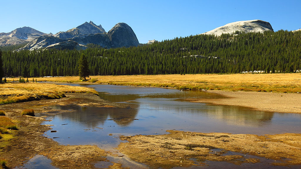 Rounded Fairview Dome from the lower end of Tuolumne Meadows - on the right is Pothole Dome. These domes and everything around here, were formed by glaciers aided by gravity.
