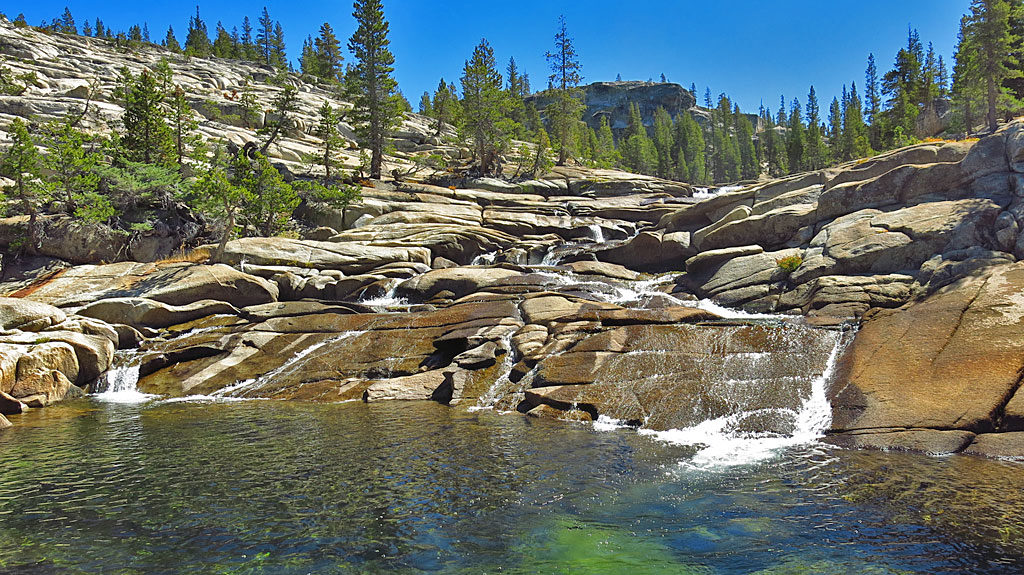 At the end of September, water flow was low in the Tuolumne. During spring runoff, this portion of the river would look more like rapids.