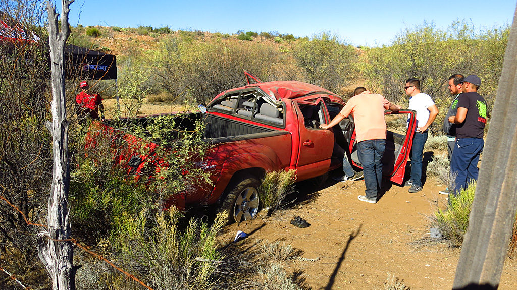 A single car, non-race-related accident occurred on Highway 3 near Valle T. The Tacoma rolled many times, taking out a fence line and several small trees, seriously injuring the two occupants. Police and an ambulance arrived after about 20 minutes.