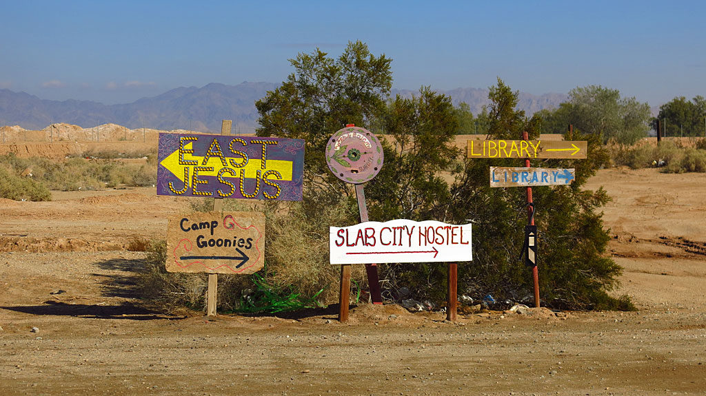 For our explore-in-the-desert day, we decided to visit the trifecta of eastern California tourist destinations: Salvation Mountain, Slab City, and East Jesus, all within an easy drive of each other.