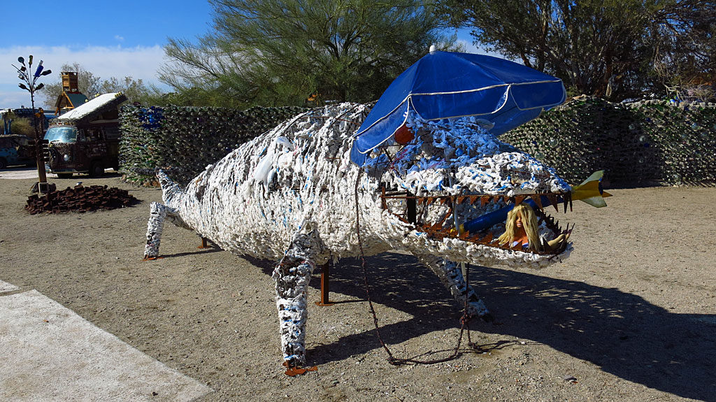 To be creative in Slab City, it takes lots of desert trash, wine bottles, plastic shopping bags and chicken wire. And presumably drugs, lots of drugs.