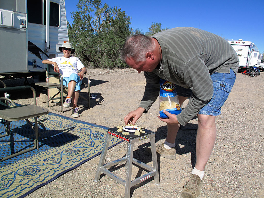 Steve takes advantage of a bike stand, and lays out a snack tray for everyone. Steve takes advantage of a bike stand, and lays out a snack tray for everyone.