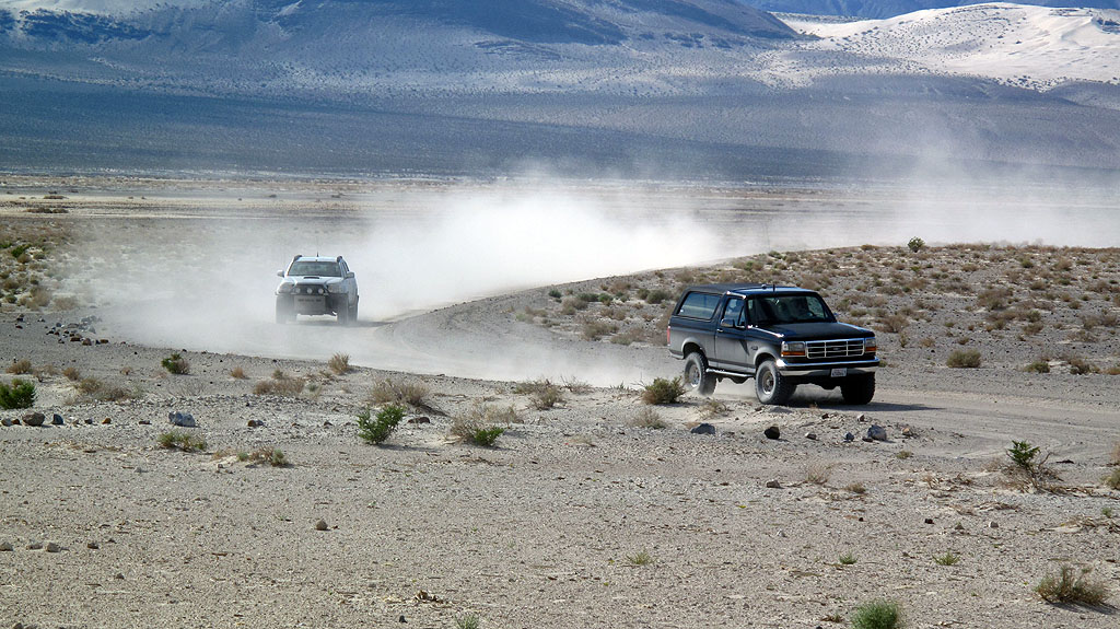 George and Vince in the black Bronco are followed by Bob, meeting us at the Eureka Dunes. George and Vince in the black Bronco are followed by Bob, meeting us at the Eureka Dunes.