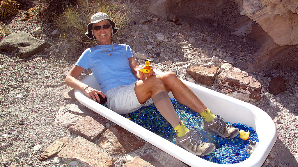Carol is the first in our group to take advantage of the Marble Bath, near the summit of Steel Pass. To help the cause, we added a couple hundred blue marbles to the bath (which, as it turns out, is not a lot of marbles). Carol is the first in our group to take advantage of the Marble Bath, near the summit of Steel Pass. To help the cause, we added a couple hundred blue marbles to the bath (which, as it turns out, is not a lot of marbles).