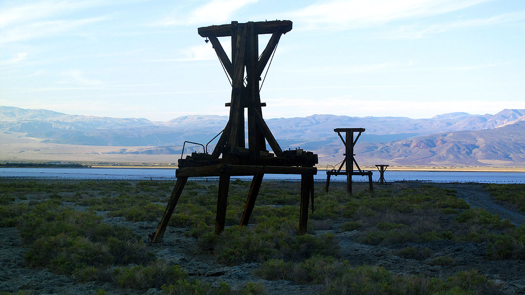 The remaining towers of the Salt Tram near Saline Lake. At the turn of the (last) century, salt was mined, then carried 14 miles over the Panamint Mountains to the town of Keeler in the Owens Valley. It operated sporadically from 1913 to 1936, but ultimately proved too expensive to operate. The remaining towers of the Salt Tram near Saline Lake. At the turn of the (last) century, salt was mined, then carried 14 miles over the Panamint Mountains to the town of Keeler in the Owens Valley. It operated sporadically from 1913 to 1936, but ultimately proved too expensive to operate.