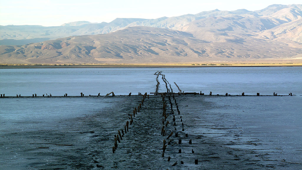 Remaining rotted piers, where salt used to be mined in Saline lake. Remaining rotted piers, where salt used to be mined in Saline lake.