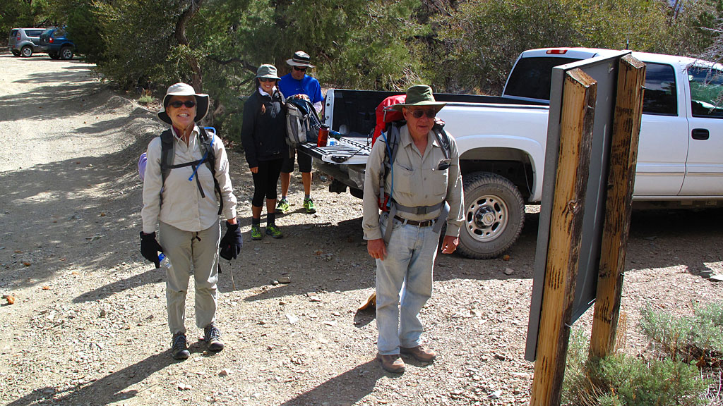 Carol, Loren, Tito and Dave at Telescope Peak trailhead on Mahogany Flats (8,200'). Carol, Loren, Tito and Dave at Telescope Peak trailhead on Mahogany Flats (8,200').