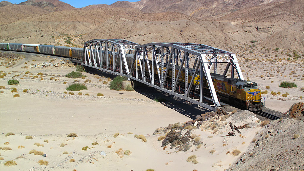 A train running northbound through Afton Canyon, on its way to Las Vegas and beyond. A train running northbound through Afton Canyon, on its way to Las Vegas and beyond.