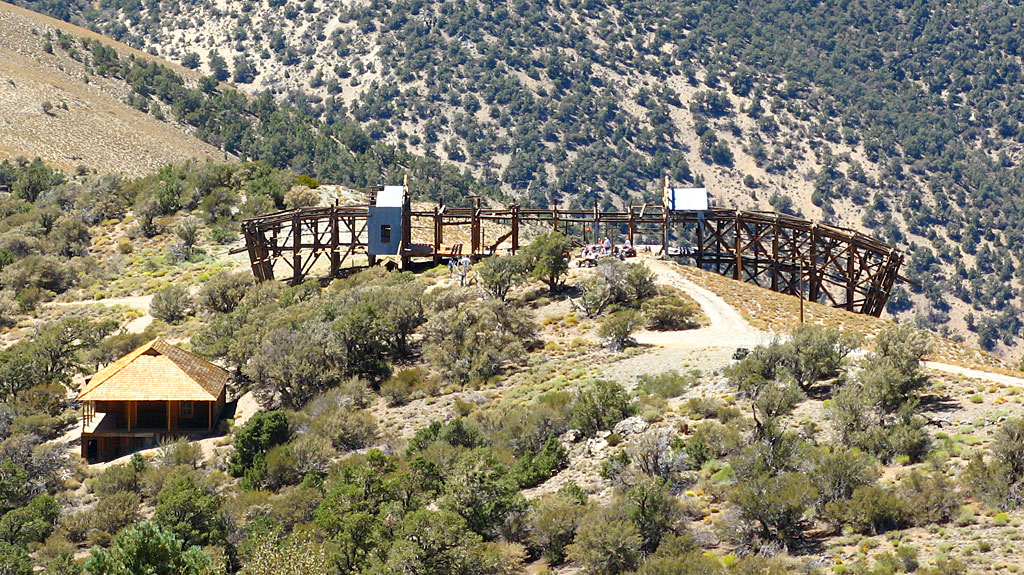 The Salt Tram Crossover Station on the spine of the Inyo Mountains at Daisy Pass (8,700'). The building on the left is the tram operator's quarters. The Salt Tram Crossover Station on the spine of the Inyo Mountains at Daisy Pass (8,700'). The building on the left is the tram operator's quarters.