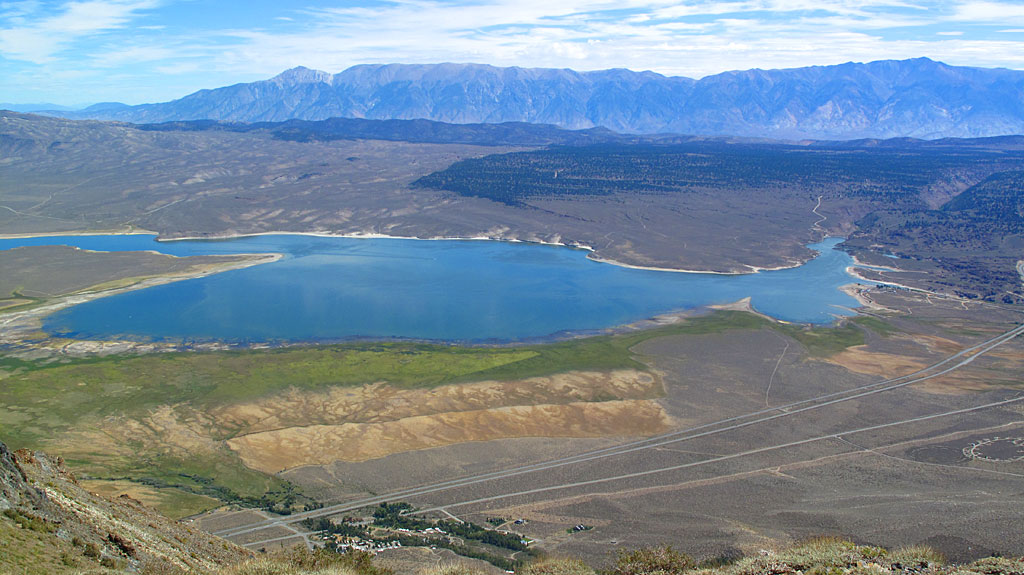 Crowley Lake from the top of McGee. Highway 395 runs along the bottom of the photo. Crowley Lake from the top of McGee. Highway 395 runs along the bottom of the photo.
