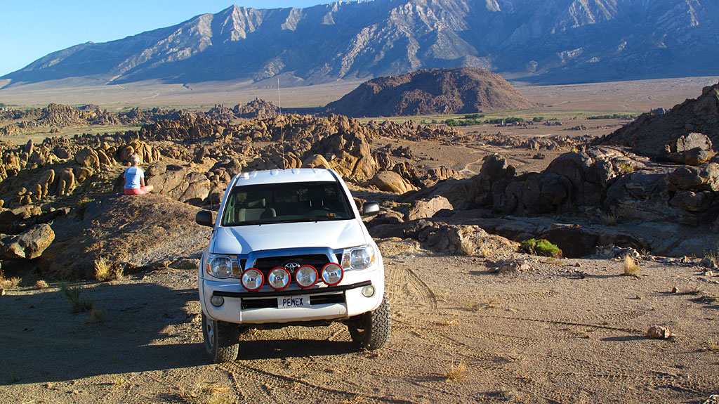 One of our favorite Cocktail Rocks, overlooking the Eastern Sierras and the Alabama Hills (if you look closely, you can see the toy hauler).