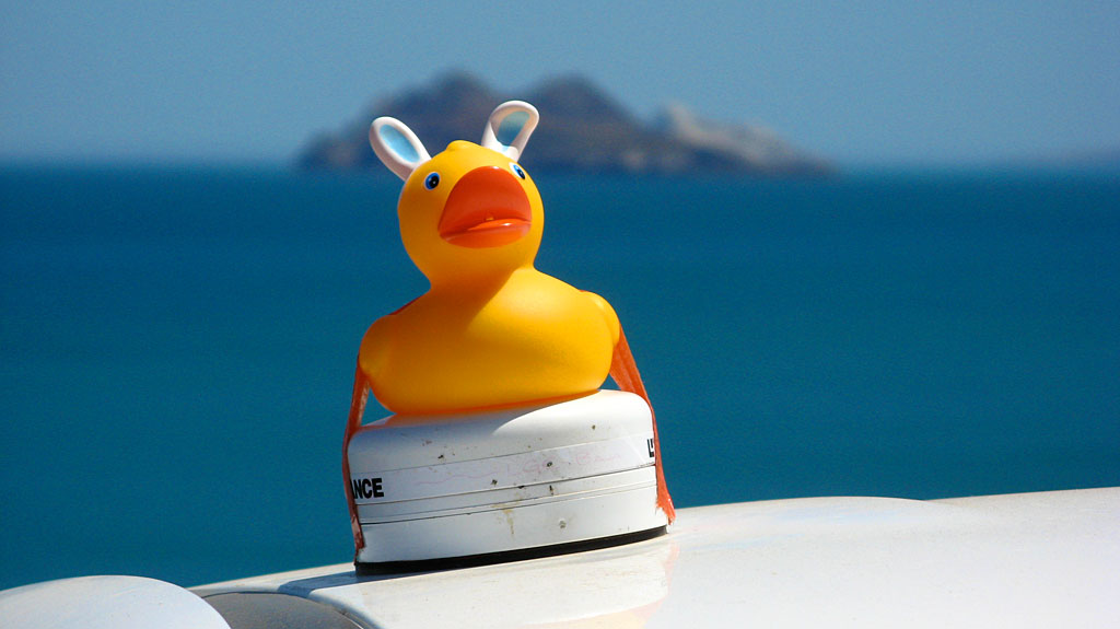 As an Easter gift, Carol gave me this cool rubber ducky which accompanied us to Gonzaga Bay desperately clinging to the GPS antenna.