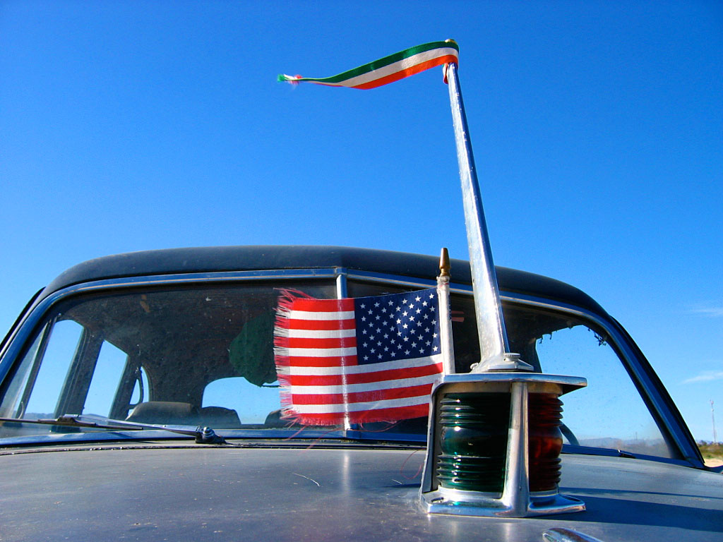 For nighttime safety, the hood of the car was equipped with one of those nautical green/red navigation lights.