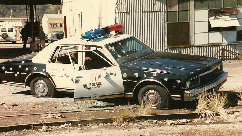 We got to watch the movie good-guy/bad-guy shoot out, where an LAPD car was riddled with bullets. The movie people had rigged the car with squibs, which did an realistic job of simulating gun fire.