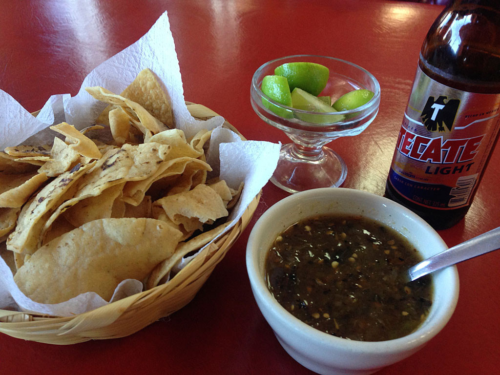 Pre-dinner chips and salsa and beer. Note to people in the mid-west: this is what chips are supposed to look like.