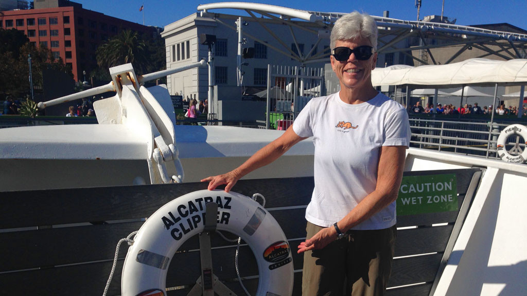 Carol and I push off from Pier 33 in San Francisco for our first trip to Alcatraz Island. As it turned out, we used four modes of transportation that day: boat, car, train and airplane.