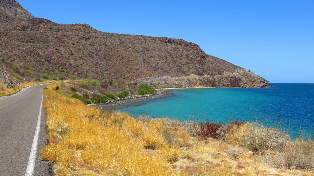 North on Highway 1 along the Sea of Cortez. Note the road shoulder width - extra challenging when towing a trailer.