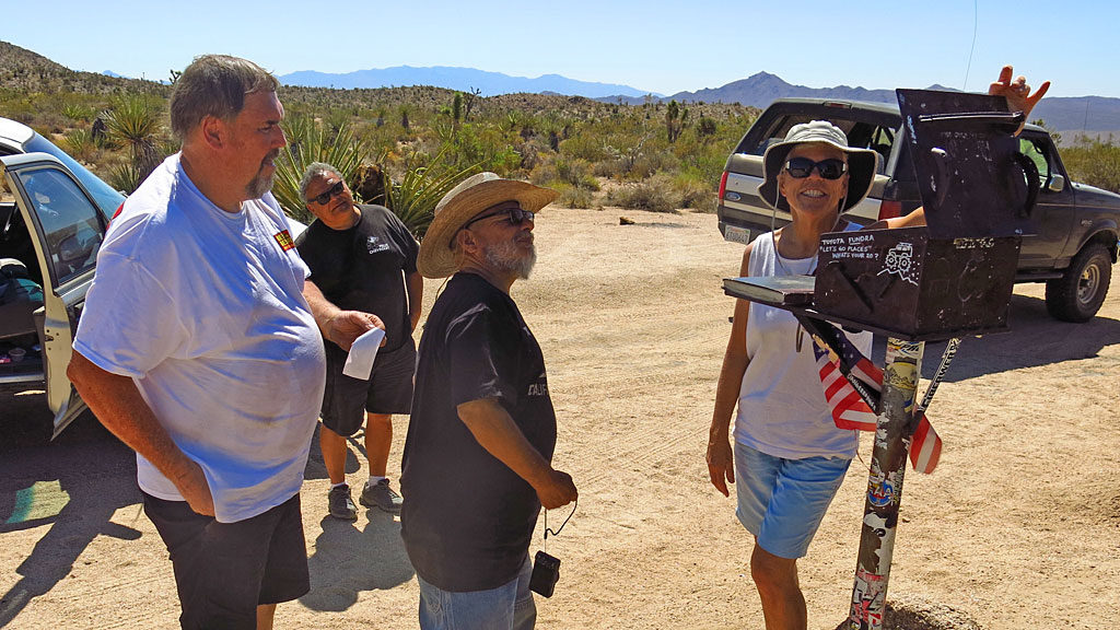 We arrive at the Mojave Road Mailbox and sign in before visiting the Frog and Bobble-Head Memorials.