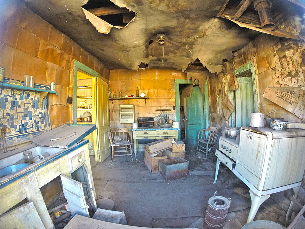 A residential kitchen. Wallpaper seemed to be popular in town.