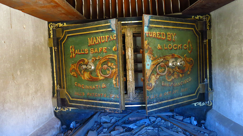 A vault inside the Bodie Bank: "Manufactured by Hall's Safe and Lock Co., Cincinnati and San Francisco, Hall's patents July 23 and Oct. 29, 1867." The bank had gone untouched by the 1892 fire, but wasn’t so lucky in the 1932 fire.
