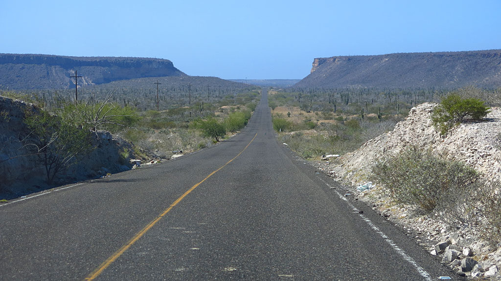 Highway 1 heading south from San Juanico (Scorpion Bay) to Ciudad Insurgentes where we could catch up with the day's race in progress, broken truck in tow.