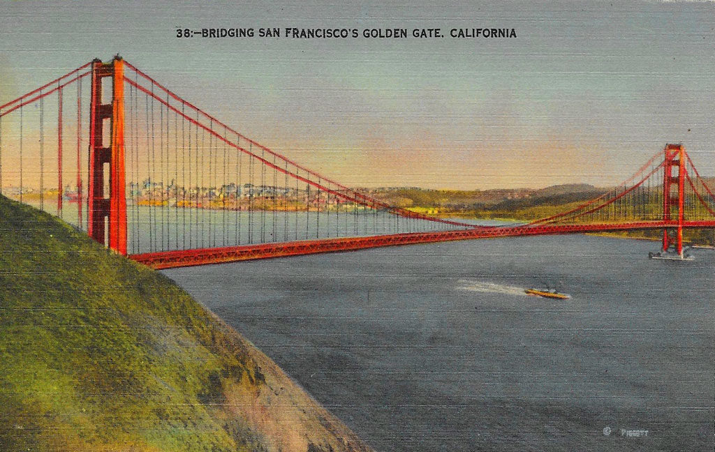 On back: The Golden Gate Bridge brings Northern California and the San Francisco Bay cities into closer and rapid contact. This imposing structure has the largest single span of any bridge in the world, 4200 feet. The total width of the bridge is 90 feet. It has two pedestrian walkways and six lanes for automobile traffic.