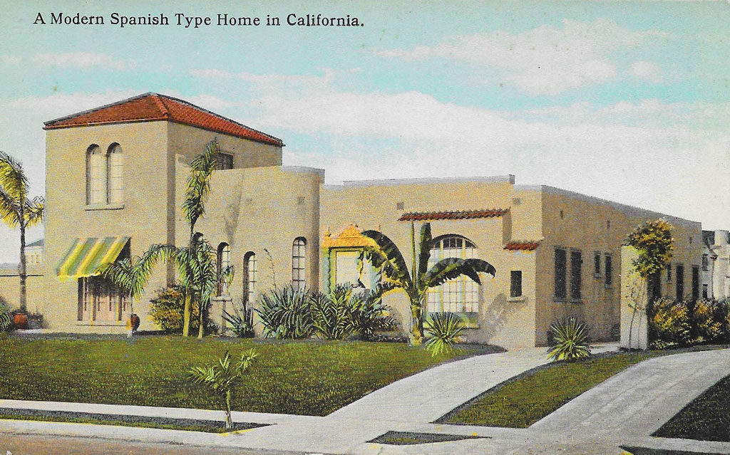 On front: A modern Spanish Type home in California.