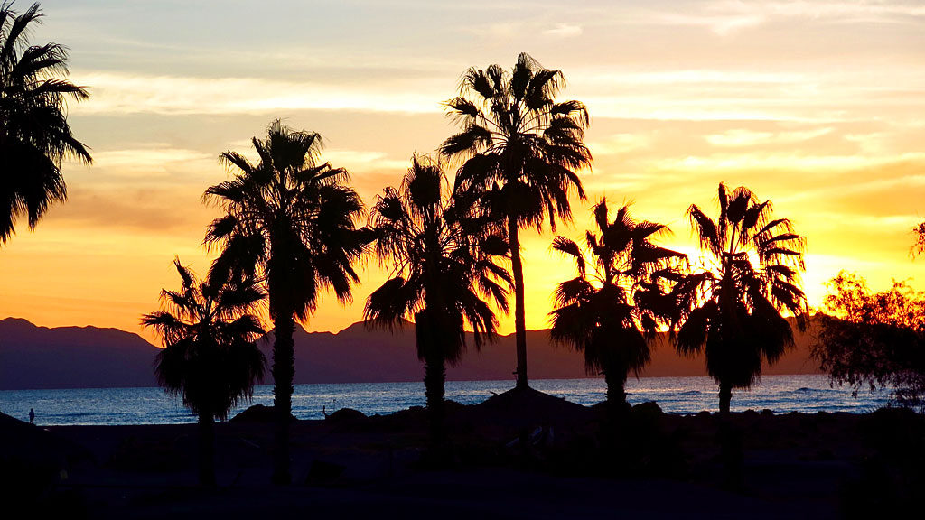 Sunrise over Island Carmen offshore from Loreto. Our prerunning day begins.