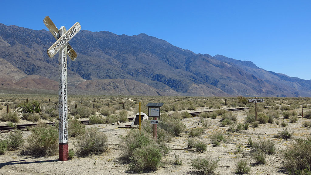 Our destination for the day was Mazourka Peak, a 9410' hilltop in the White Mountains. Heading up Mazourka Canyon Road, we first crossed the only remaining 100' section of the Carson & Colorado Railroad at Kersearge Station. A simple museum, of sorts.