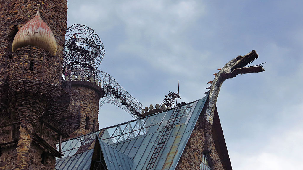 The stainless steel dragon head adorns the top of chimney and occasionally belches fire and smoke from a downstairs fireplace.