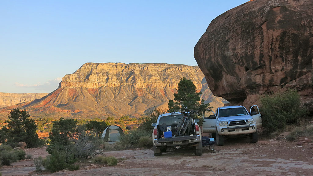 Our campsite view looking south toward the Canyon in late-afternoon sun. Early evening temps had cooled off to around 90º, so we decided on a tasty cold chicken salad for dinner. We also had cold watermelon which remained chilled and non-consumed in the ice chest.